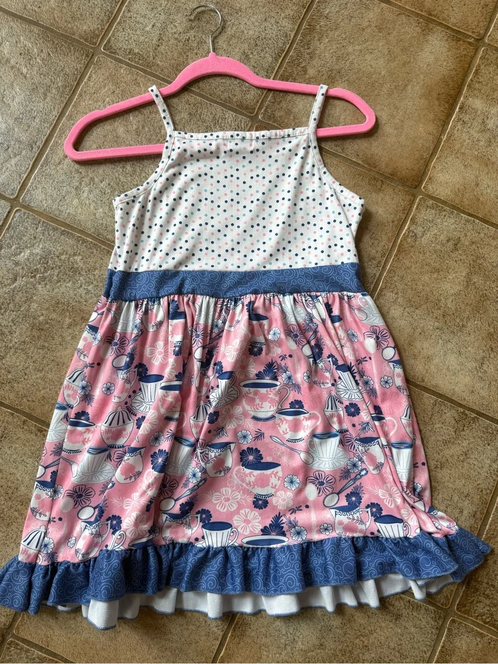 Girls Pink Tea Party Print Sundress with Navy Accents